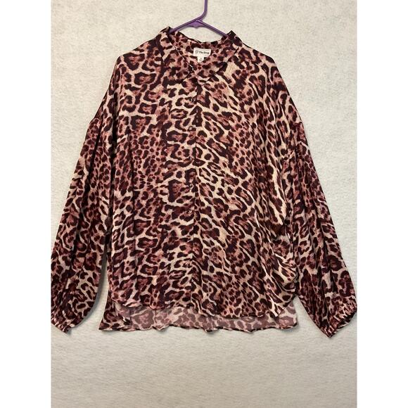 The Drop Blouse Womens 3X Leopard Animal Print Sheer Long Sleeve Button Shirt - Picture 1 of 8